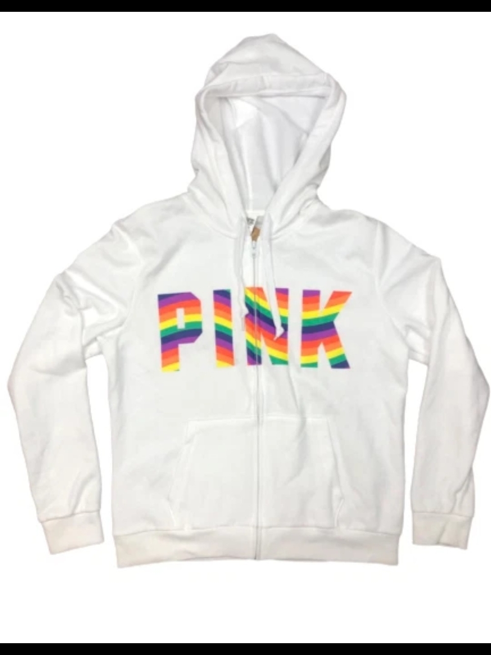 PINK NWT XL Victoria's Secret White Zip Hoodie with Rainbow Stripe Logo